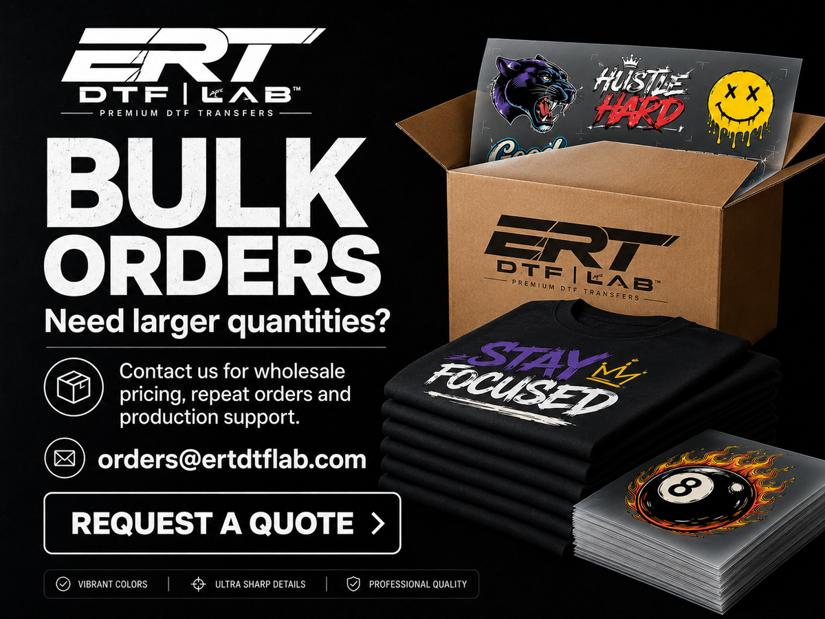 Bulk DTF transfer order service with custom gang sheets and printed apparel
