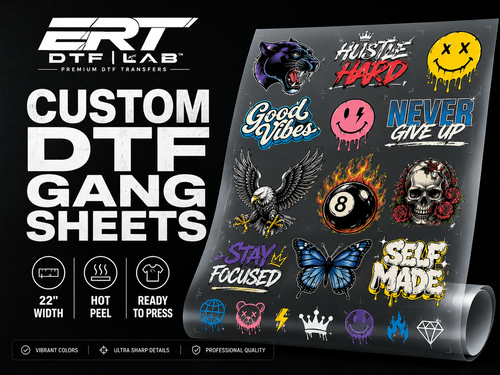 Custom DTF gang sheet with multiple colorful designs, 22-inch width and hot-peel finish