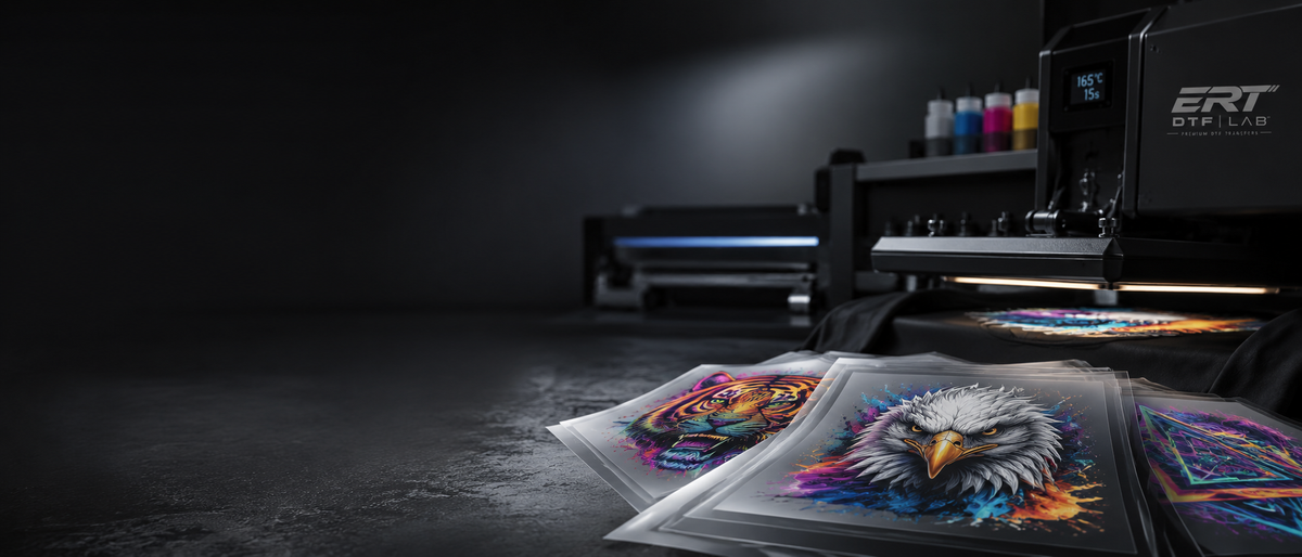 ERT DTF LAB production setup with DTF transfers and heat press application