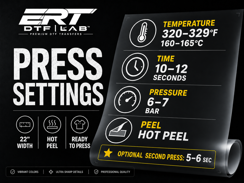 DTF press settings: 160–165°C, 10–12 seconds, 6–7 bar pressure, hot peel and optional second press