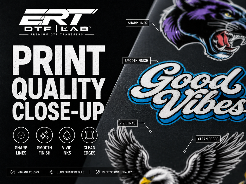 Close-up of premium DTF transfer print quality with sharp lines, vivid colors and clean edges