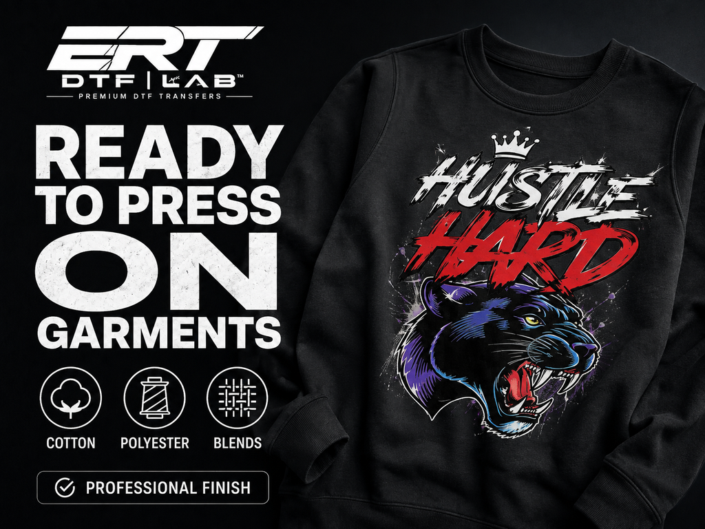Ready-to-press DTF transfer applied to a black garment with vibrant detail