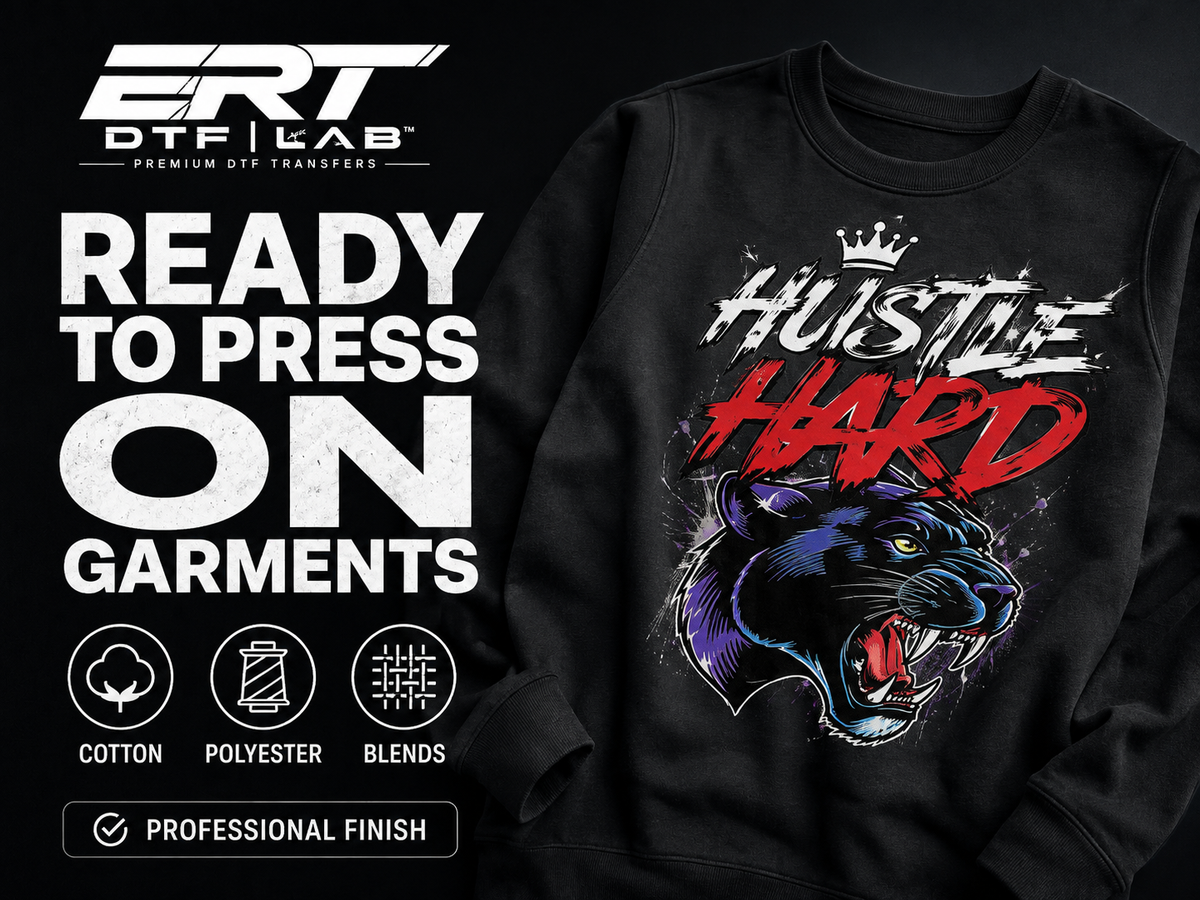 Ready-to-press DTF transfer applied to a black garment with vibrant detail